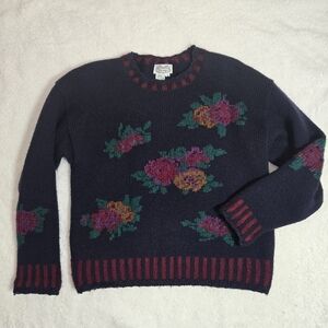 Vtg The Villager Wool Sweater Floral Womens Medium Navy Blue Cottagecore